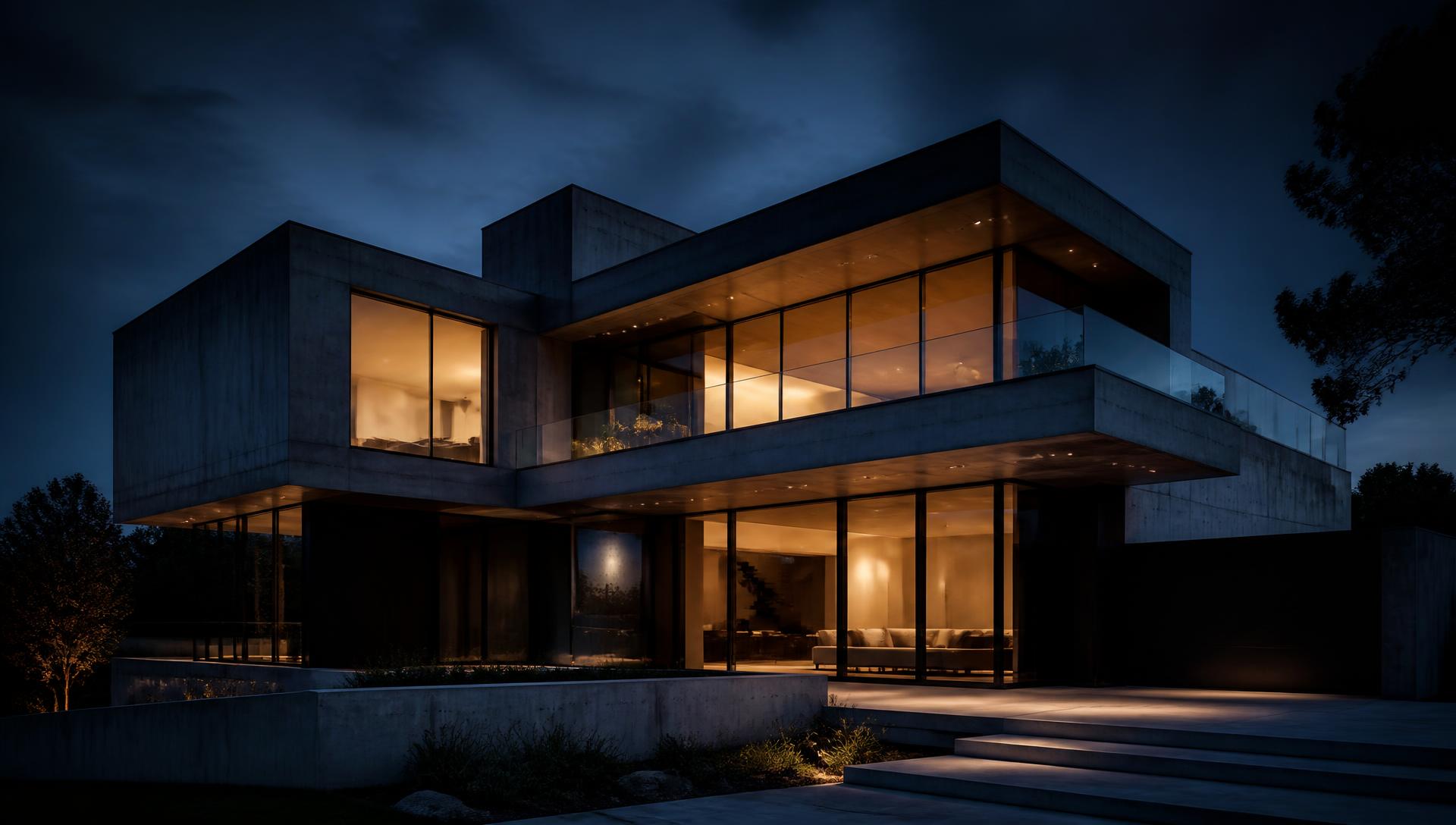 Arquitectura residencial contemporánea fotografiada en horario azul