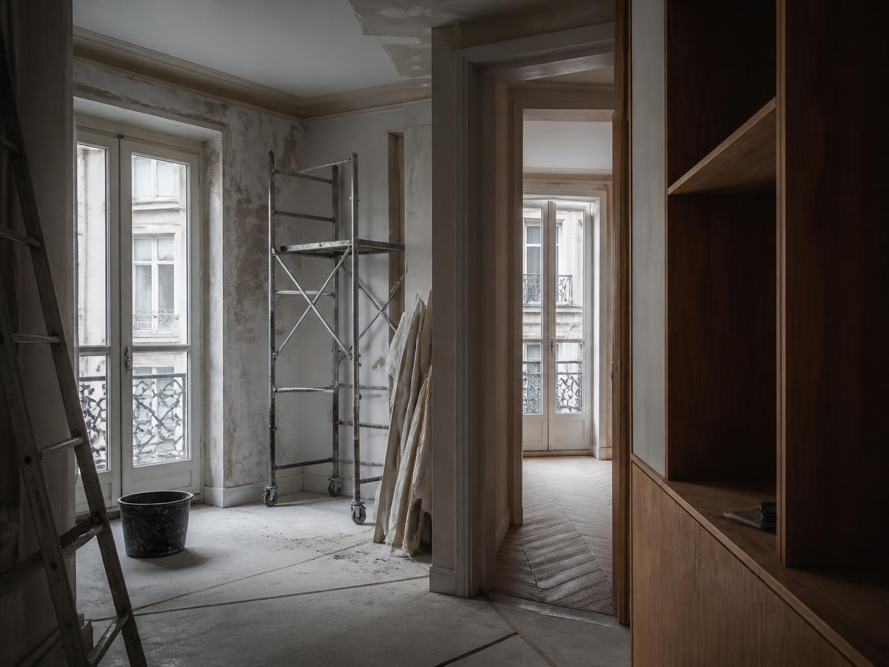 Interior arquitectónico en proceso de rehabilitación con luz natural