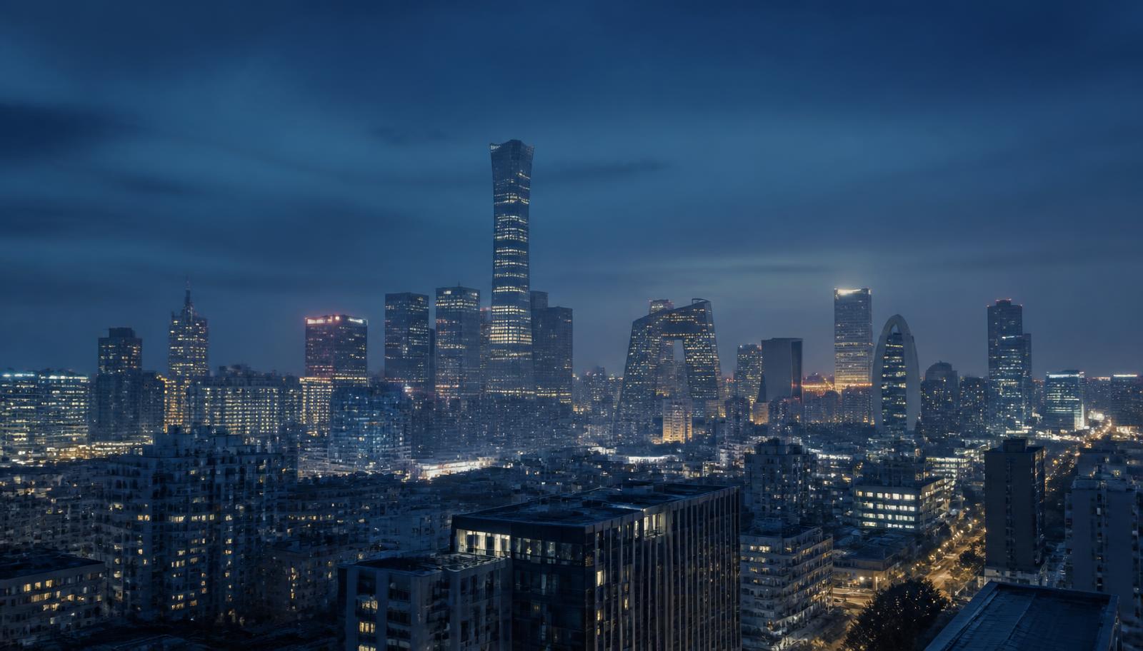 Vista urbana de una ciudad contemporánea al anochecer